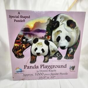 2008 Sunsout Panda Playground 1000 pc Shaped Puzzle Dennis Rodgers 25.5 x 35 NEW